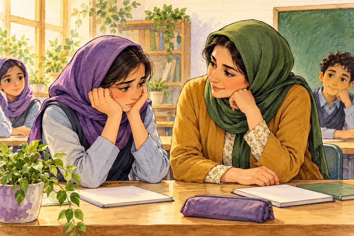 معلم هم‌سطح دانش‌آموز ناراحت نشسته و با توجه به او گوش می‌دهد.