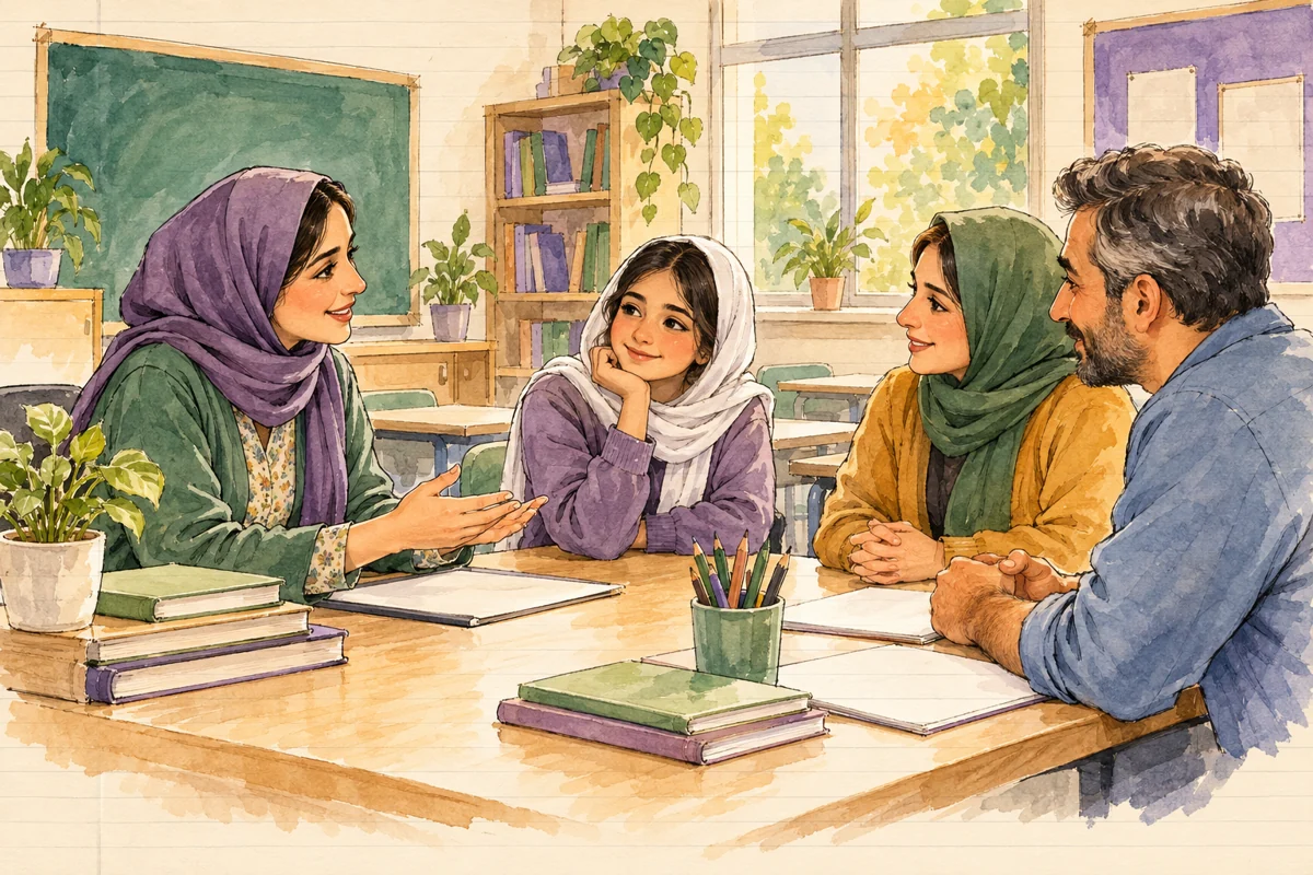 معلم و والد در گفت‌وگویی دوستانه برای حمایت از دانش‌آموز همفکری می‌کنند.