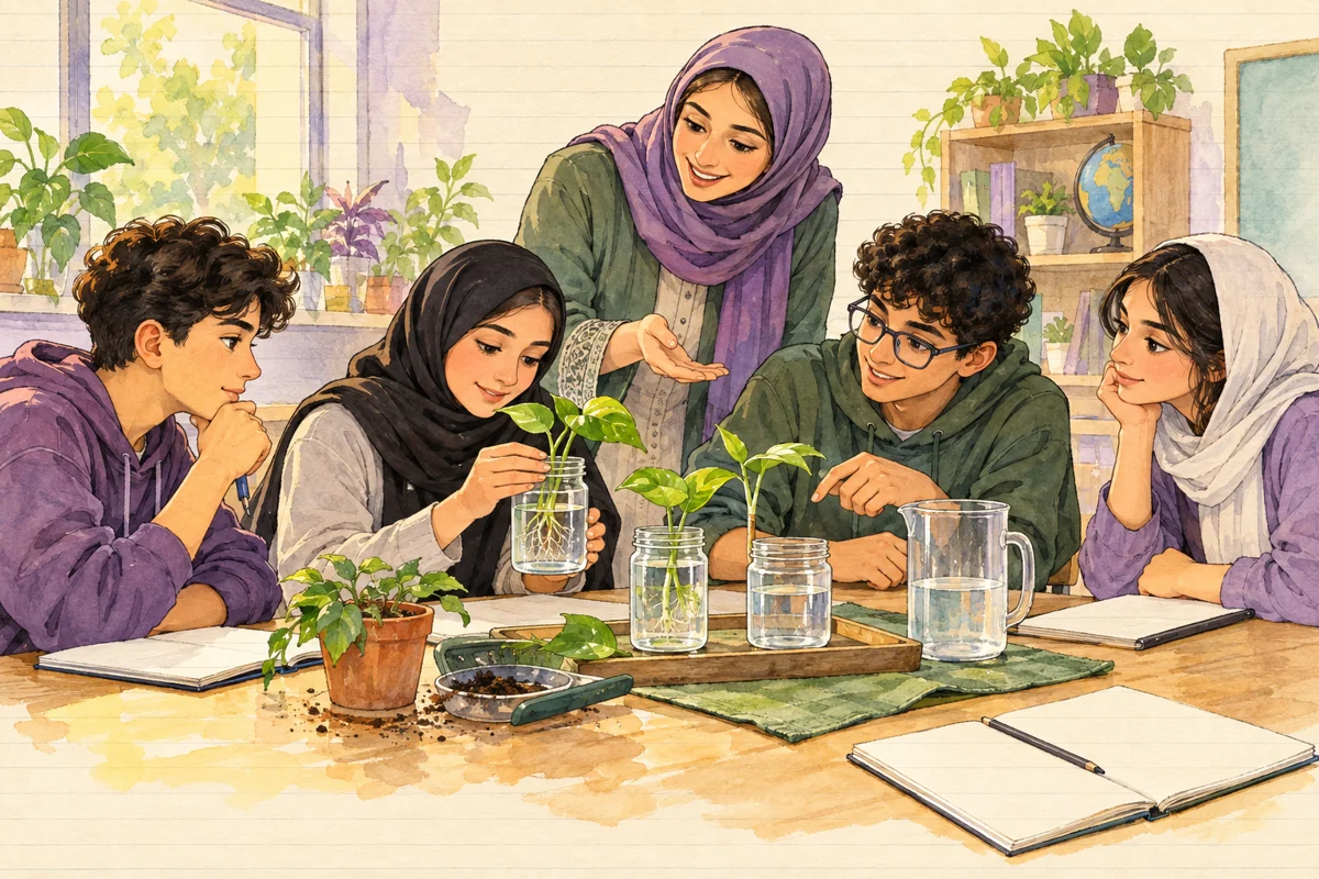 دانش‌آموزان در گروه کوچک آزمایش می‌کنند و معلم با پرسش همراه آن‌هاست.