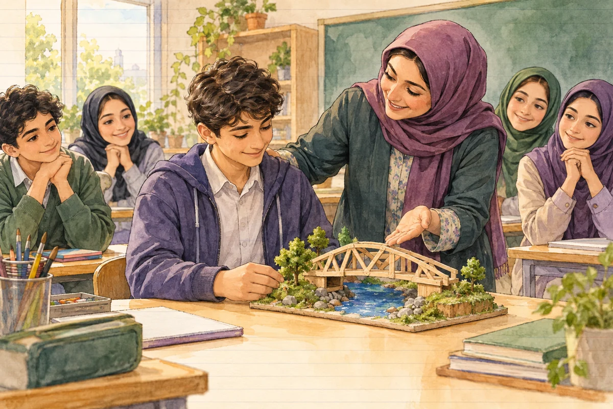 معلم با توجه به کار دانش‌آموز، تلاش مشخص او را تحسین می‌کند.