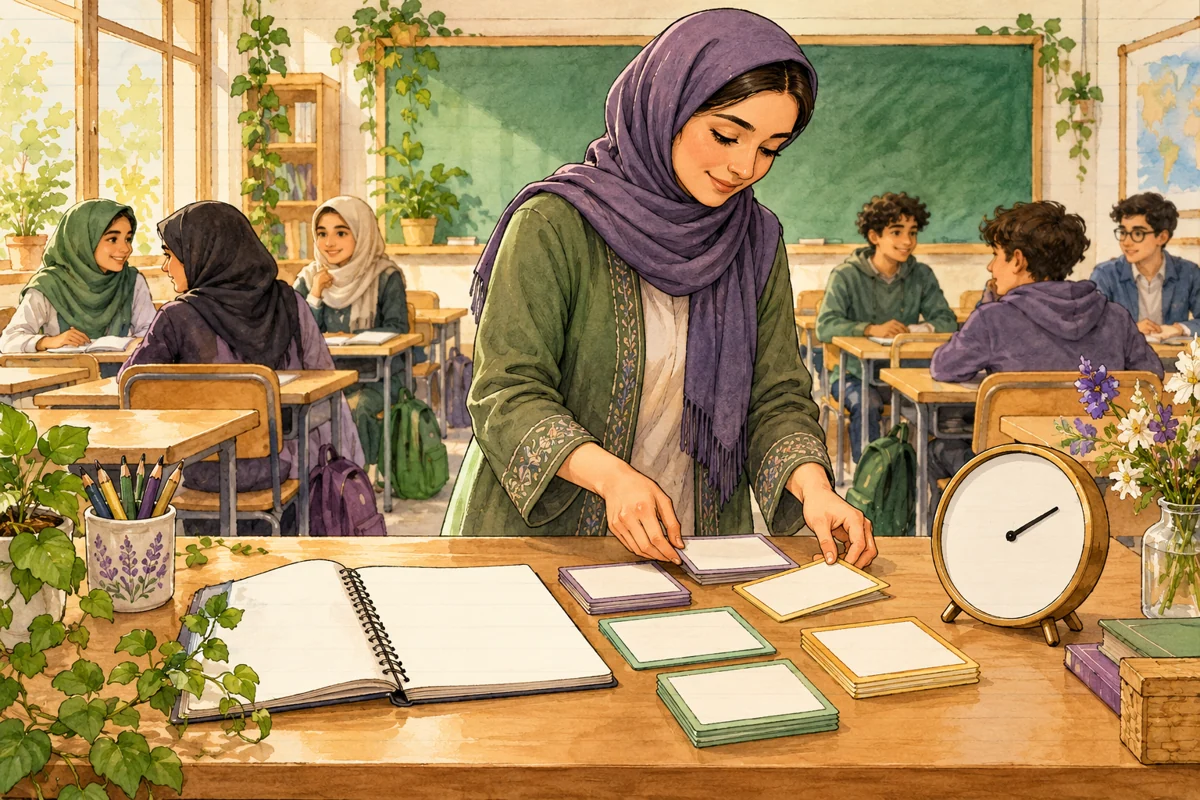معلم پیش از کلاس دفتر طرح درس، کارت‌های فعالیت و زمان را بررسی می‌کند.